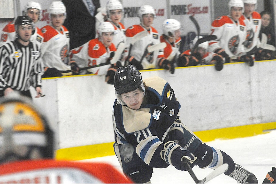 Rivermen player Owen Kim rifled a shot at Clippers netminder Aiden Campbell at the George Preston arena Friday, Dec. 31. Clippers won 4-3. (Dan Ferguson/Langley Advance Times)