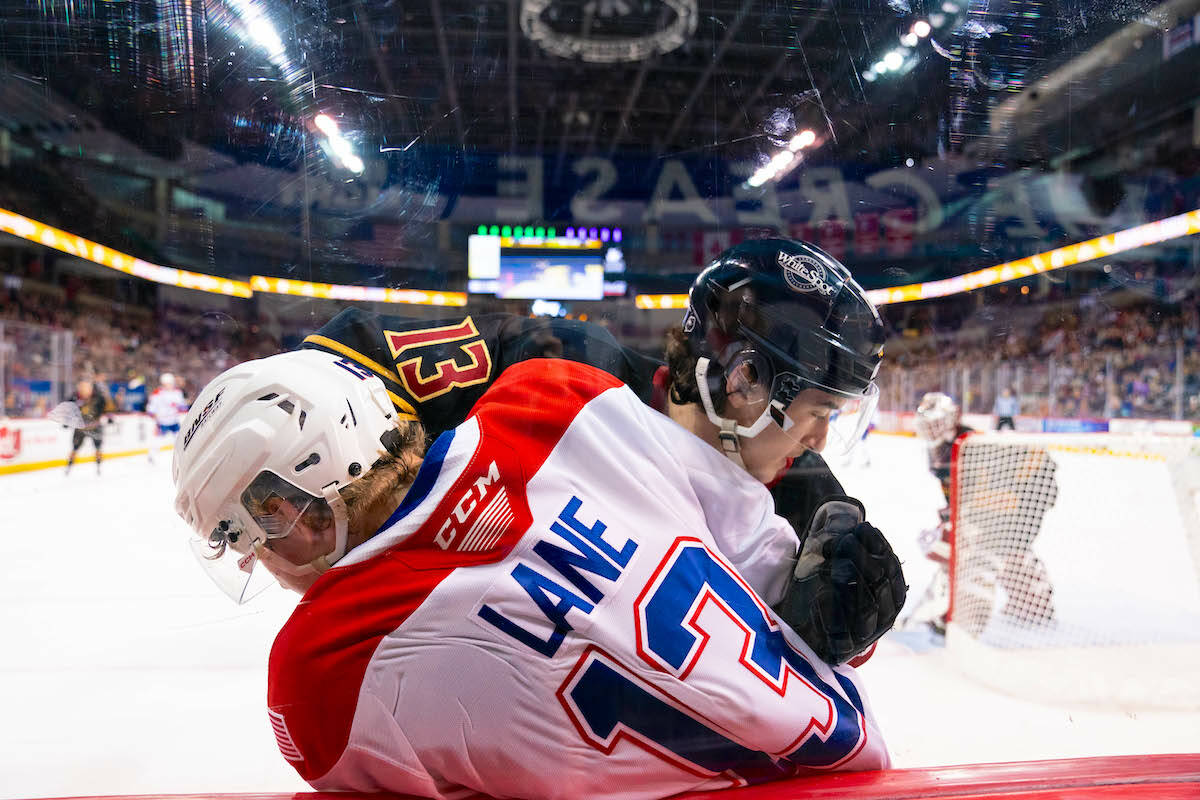 Vancouver Giants defenceman Damian Palmieri had a close encounter with a Spokane Chiefs player as the 91原创-based team won 2-1 against the Chiefs Saturday night, Jan. 7 in Spokane. ( Larry Brunt/Special to 91原创 Advance Times)