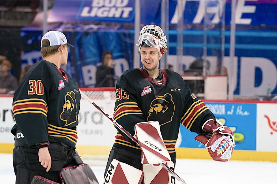 Vancouver Giants netminder Brett Mirwald looked pleased with his game against Spokane, where he withstood 32 of 33 shots as the Langley-based team won 2-1 against Spokane Chiefs Saturday night, Jan. 7 in Spokane. ( Larry Brunt/Special to Langley Advance Times)