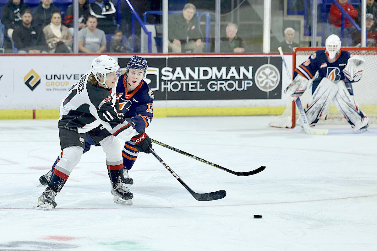 Brett Mirwald was solid in goal Saturday, Jan. 4, stopping 50 of 54 shots, but the Giants were unable to convert on the power play until it was too late as Kamloops came into the Langley Events Centre and defeated the Giants 4-2 Saturday night. (Rob Wilton/Special to Langley Advance Times)
