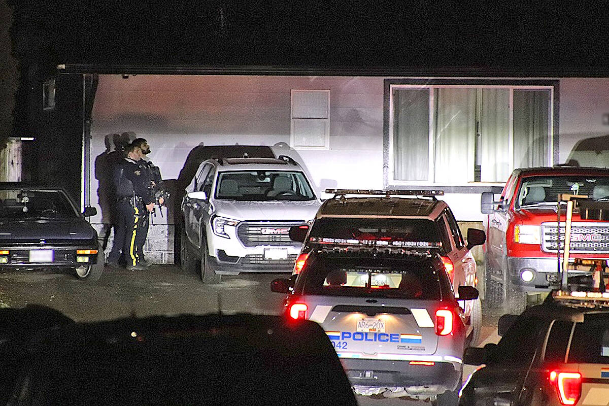 Police were called to the 26700 block of 30A Avenue around 11 p.m. on Monday, Feb. 20, to investigate a report of a distraught man. After a four-hour standoff, the incident ended peacefully with one person transported to hospital for 聭further assessment.聮(Shane MacKichan/Special to 91原创 Advance Times)