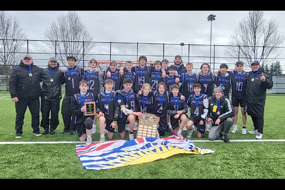 The  Minor Lacrosse U15 Thunder took gold at the 2022/23 youth field lacrosse provincial championships held in Surrey over the Feb. 17 weekend. (Special to )