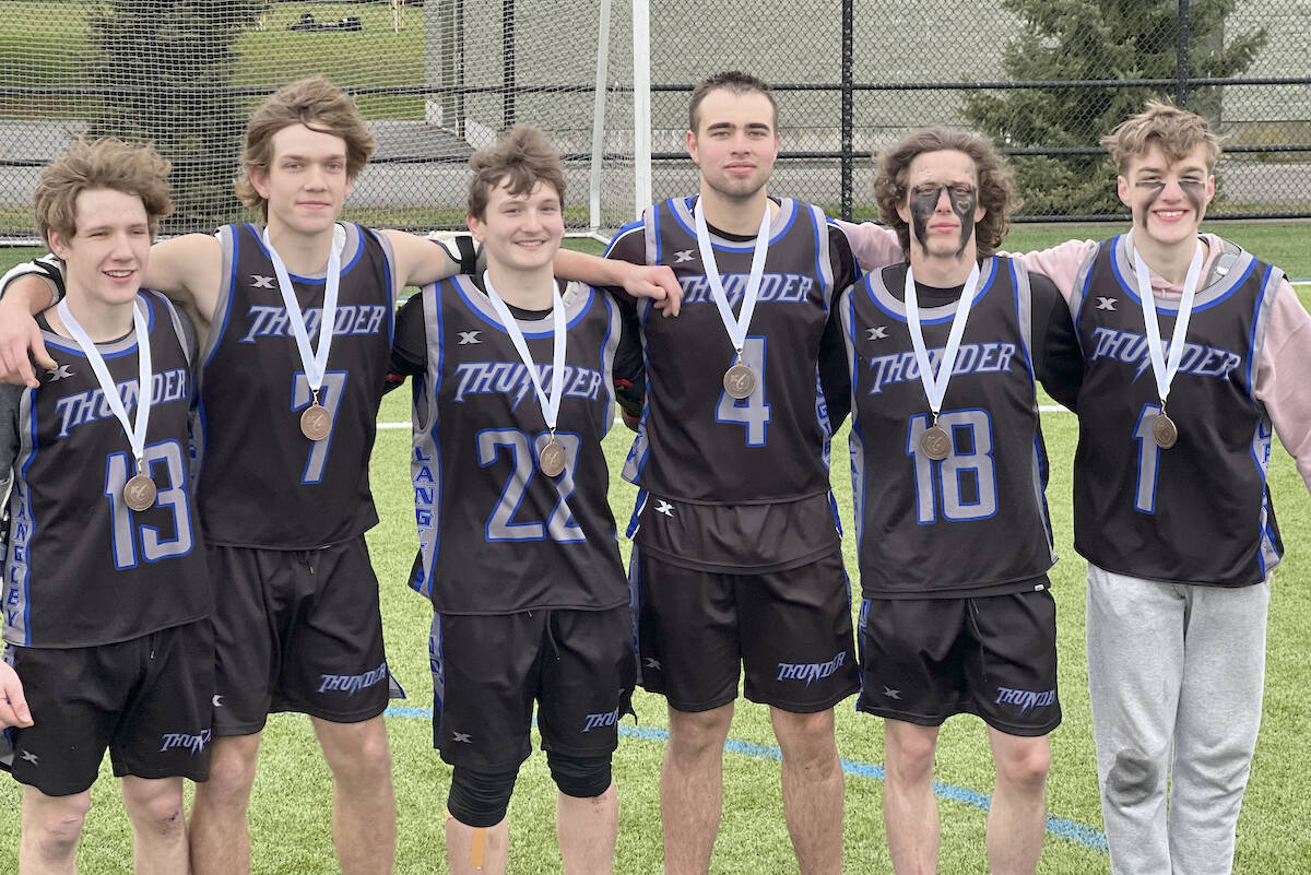 It was the last tournament as Langley Minor Field Lacrosse Players for Thunder U18 third years (left to right) #13 - Nathaniel Leroux, #7 - Hudson Zazelenchuk, #22 - Lance Barker, #4 - Jonathan Grywacheski, #18 - Wyatt Dayman and #1 - Justin Beal. Their team took bronze at the youth field lacrosse provincial championships held in Surrey over the Feb. 17 weekend. (Special to Langley Advance Times)