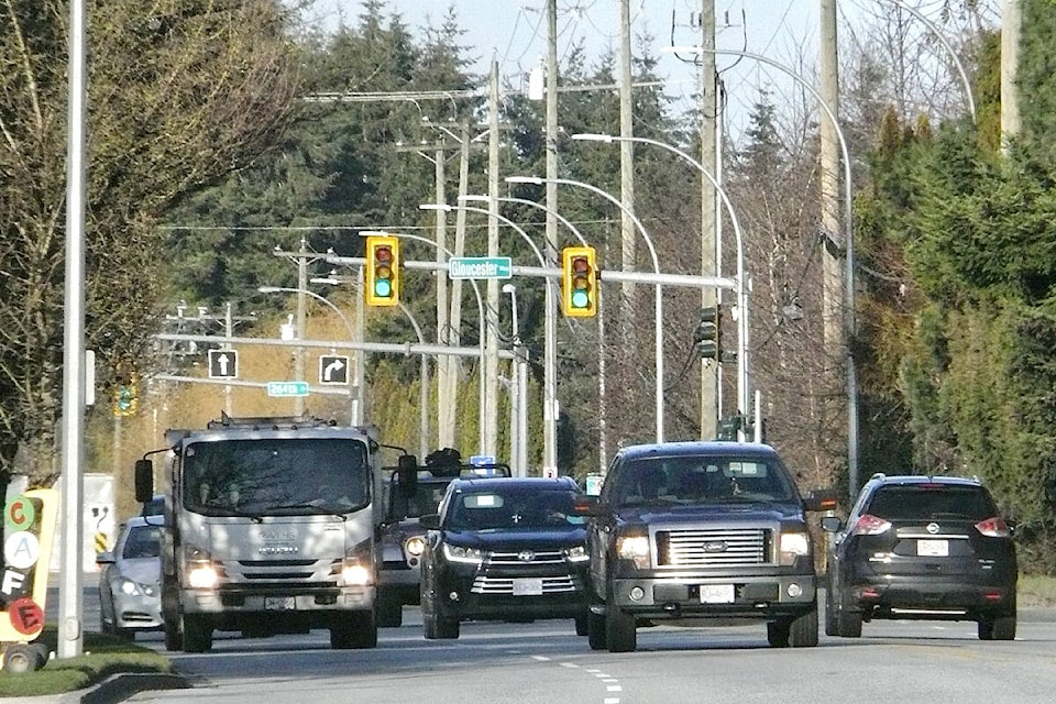 Traffic on 56th Avenue between 264th and 268th Streets on March 18th in North Aldergrove, where the Township of Langley has approved rezoning to allow industrial development. (Dan Ferguson/Langley Advance Times)