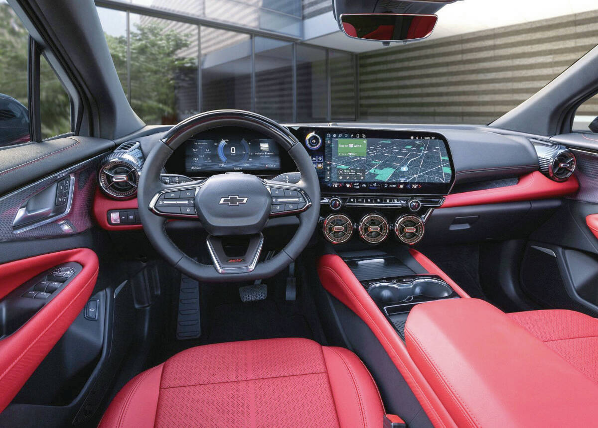 The Blazer EVÂ’s dash layout and attention to detail is spectacular, even if itÂ’s a little on the busy side. Note the large driverÂ’s display, the even-larger infotainment screen and the circular vents. PHOTO: CHEVROLET