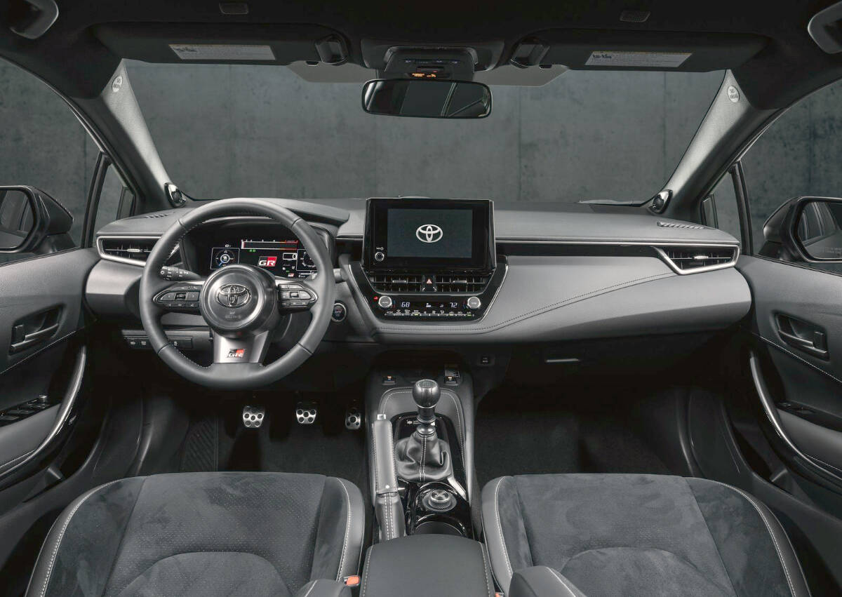 Interior fittings include GR-exclusive synthetic suede and leather-trimmed sport seats, aluminum pedals and a short-throw shifter for the six-speed manual gearbox. PHOTO: TOYOTA