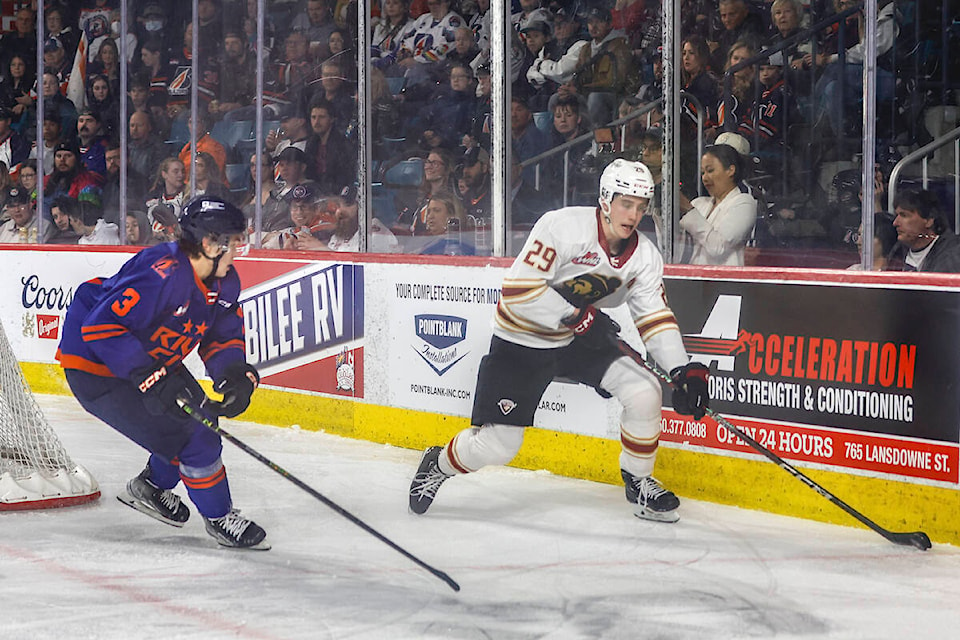Samuel Honzek scored the lone Vancouver Giants goal Saturday night, April 1 in Kamloops, as the G-Men fell to the Blazers 6-1. (Allen Douglas/Special to Langley Advance Times)