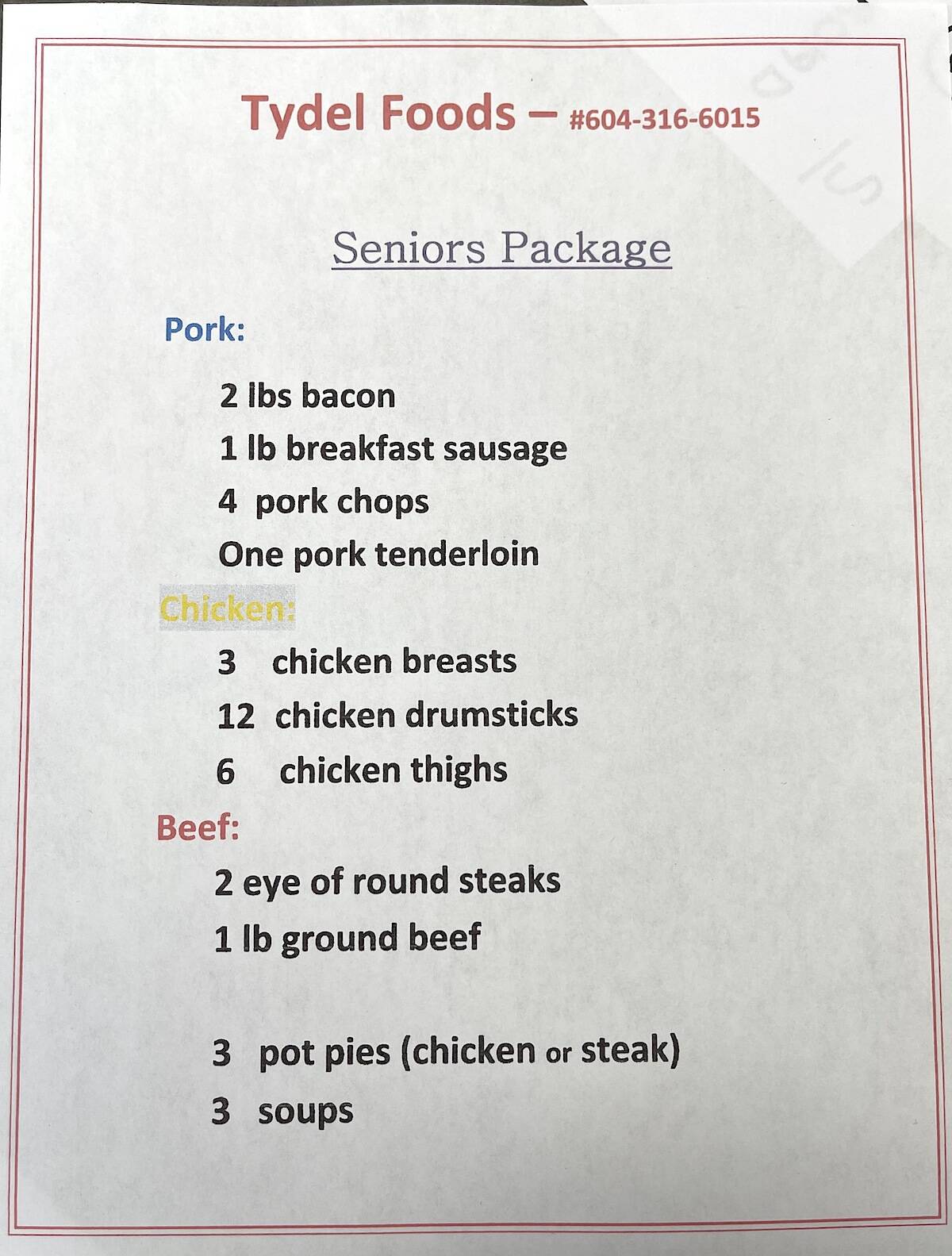 All of this is included in the $50 seniors package at Tydel Foods which retails for $100. (Jennifer Feinberg/ Chilliwack Progress)