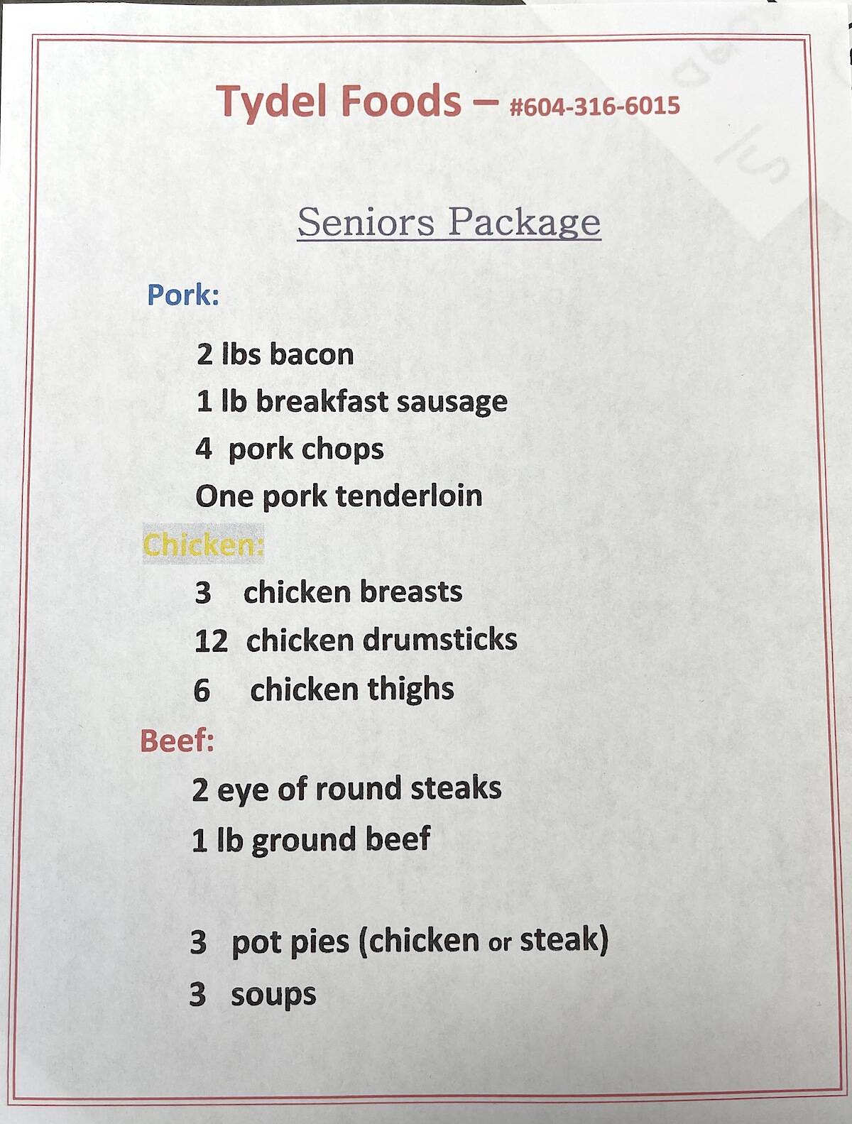All of this is included in the $50 seniors聮 package at Tydel Foods which retails for $100. (Jennifer Feinberg/ Chilliwack Progress)