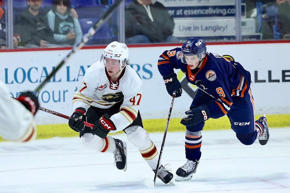 Vancouver Giants Mazden Leslie in action against the Kamloops Blazers Tuesday night, April 4 at Langley Events Centre, where the Blazer 5-0 win was the third in a row in the best-of-seven series.(Rob Wilton/Special to Langley Advance Times)