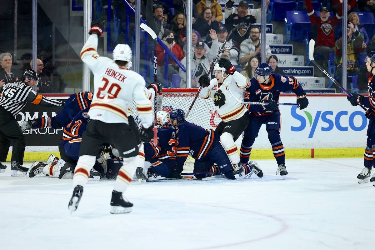 Giants captain Ty Thorpe had a hat trick as the team sent game 4 in their best-of-seven into overtime, only to have the Kamloops Blazers score to win 5-4 on Thursday night, April 6 at the 91原创 Events Centre. (Rob Wilton/Special to 91原创 Advance Times)