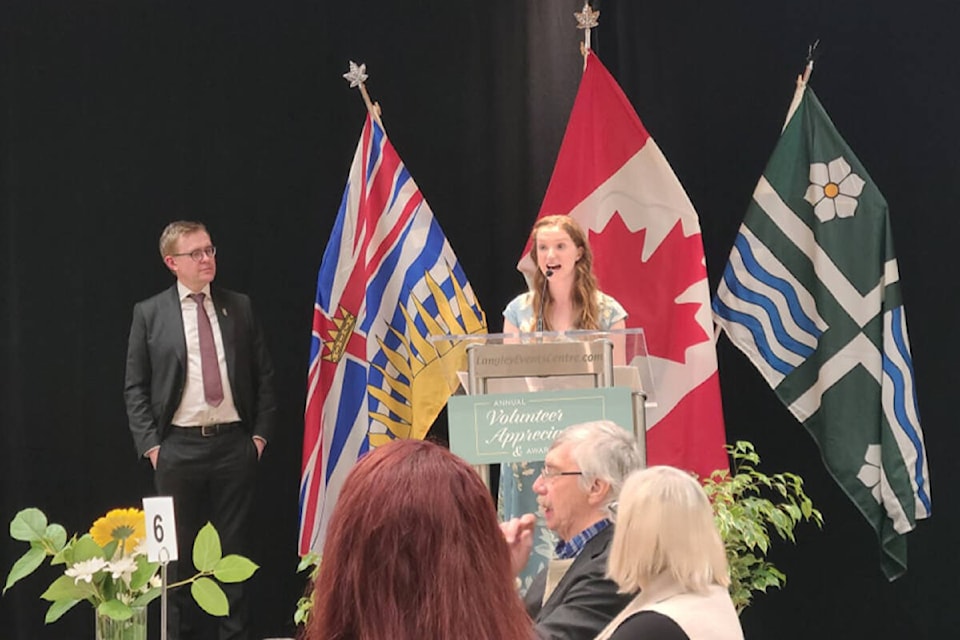 A number of images from Thursday, April 6’s Township volunteer appreciation night have been shared on Facebook by local politicians in attendance. This one is of Township Mayor Eric Woodward looking on as former award winner Laura Stead emcees the event. (Facebook)