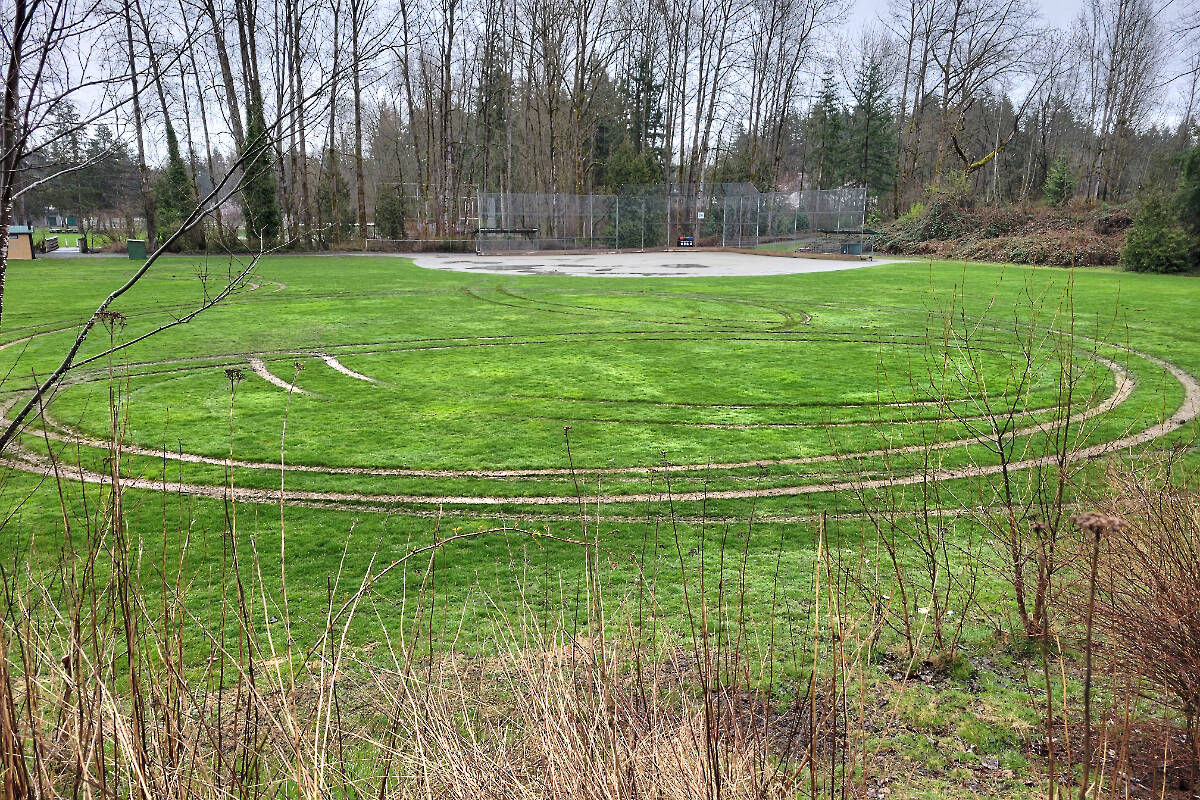 Someone cut locks to get access to the westernmost ball diamonds at Noel Booth Park in 91原创聮s Brookswood neighbourhood in the 20300-block of 36th Avenue at the beginning of the long weekend, and used a vehicle to tear up the field. 91原创 Fastball Association president Jeff Clegg called it 聭pretty demoralizing.聮 (Dan Ferguson/91原创 Advance Times)