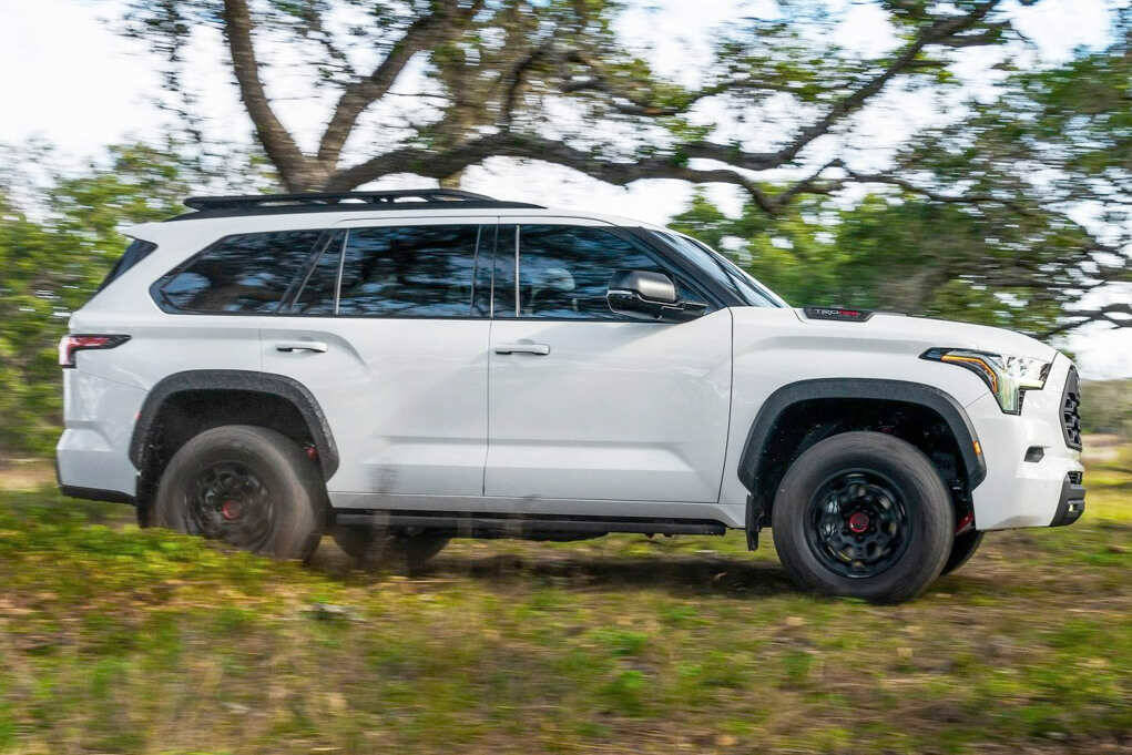 For 2023, the SequoiaÂ’s V-8 has been replaced by a twin-turbocharged 3.5-liter V-6 and an electric motor. Output is rated at 437 horsepower and 583 pound-feet of torque, compared with the V-8Â’s 381 horsepower and 401 pound-feet. PHOTO: TOYOTA