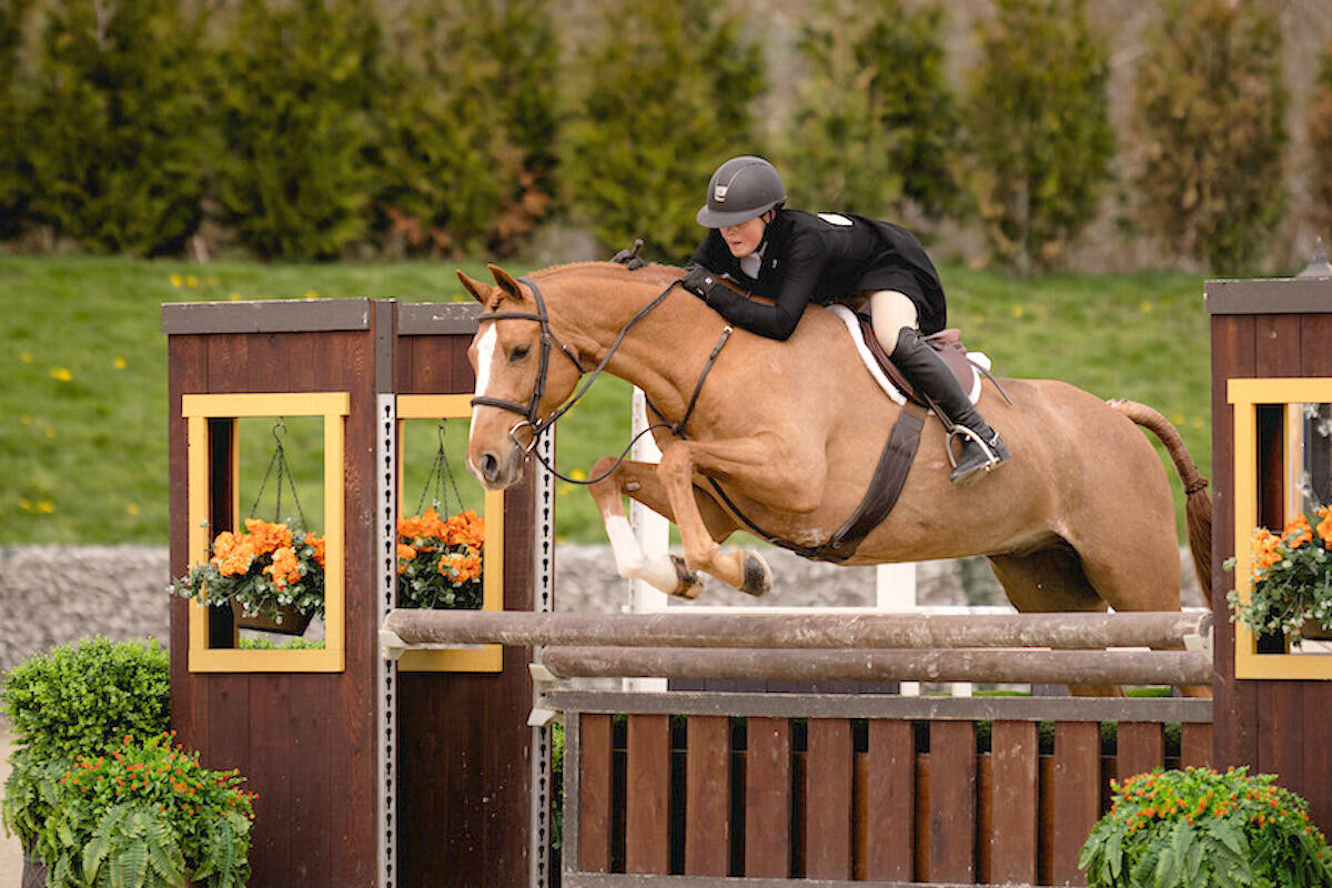 10th grader Sloane Betker and Kensington out jumped professionals to take the Desert International Horse Park (DIHP) Canadian Hunter Derby Open 3聮6聰 at tbird on Saturday, April 22. (tbird/Quinn Saunders)