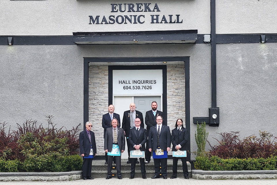 Members of the 91ԭ City masonic temple executive posed for a picture on Saturday, April 22 for the 100th anniversary of the lodge. (Dan Ferguson/91ԭ Advance Times)