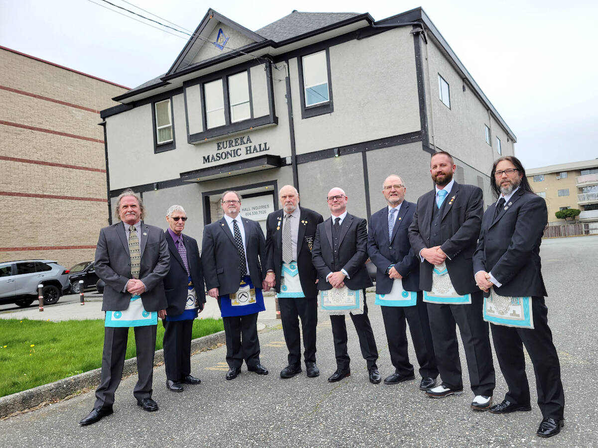 Members of the Langley City masonic temple executive posed for a picture on Saturday, April 22 for the 100th anniversary of the lodge. (Dan Ferguson/Langley Advance Times)