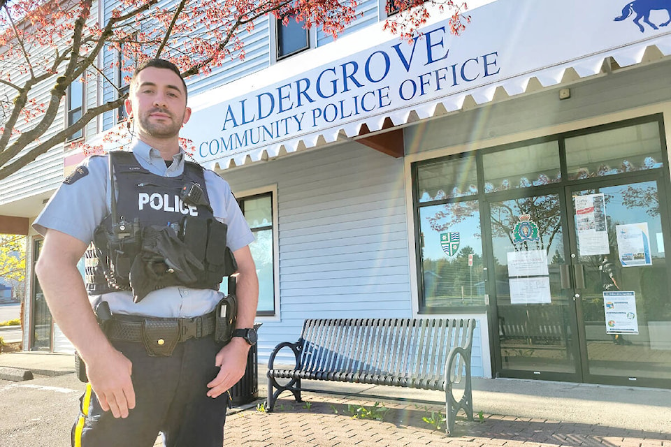 Langley RCMP Const. Cole Wilson, who is assigned to the Aldergrove area, likes the small-town feel of the community. (Dan Ferguson/Langley Advance Times)
