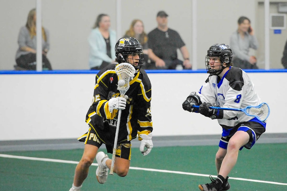 Langley Thunder opened the BC Junior Tier 1 Lacrosse League season with a pair of 11-8 losses on Sunday, April 30, in Burnaby, and Tuesday, May 2, against the Port Coquitlam Saints (seen here) at Langley Events Centre. (Gary Ahuja/Langley Events Centre)