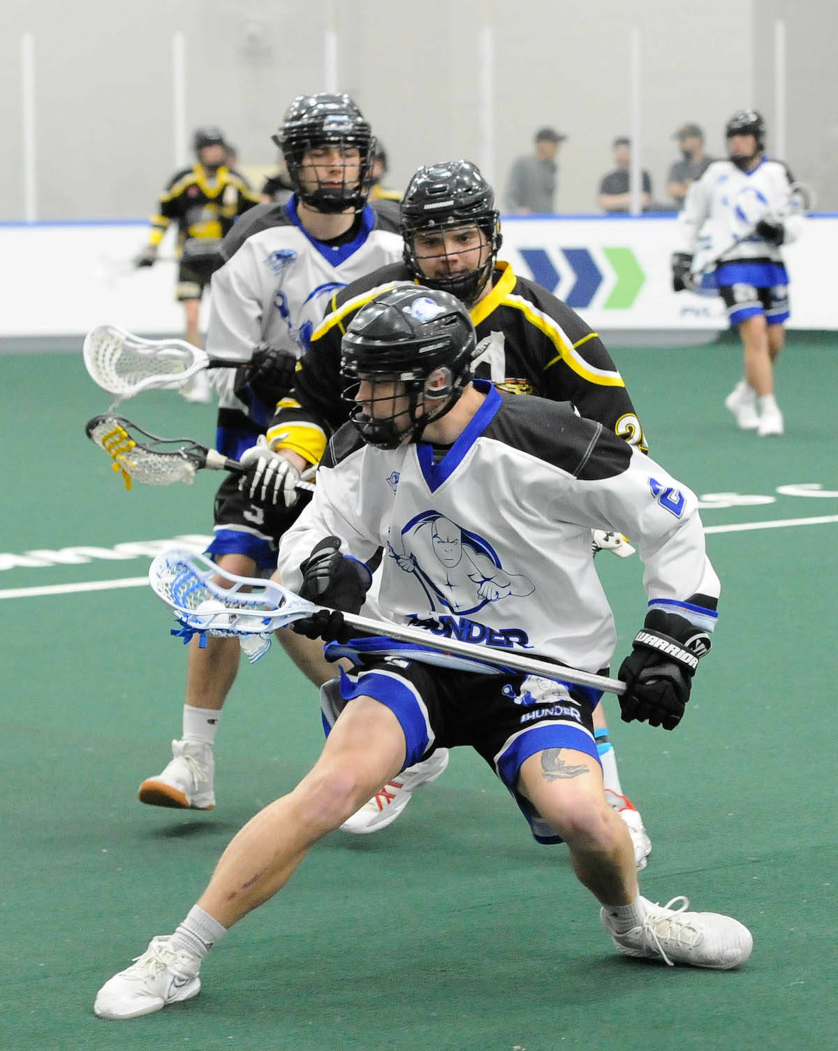 Langley Thunder opened the BC Junior Tier 1 Lacrosse League season with a pair of 11-8 losses on Sunday, April 30, in Burnaby, and Tuesday, May 2, against the Port Coquitlam Saints (seen here) at Langley Events Centre. (Gary Ahuja/Langley Events Centre)