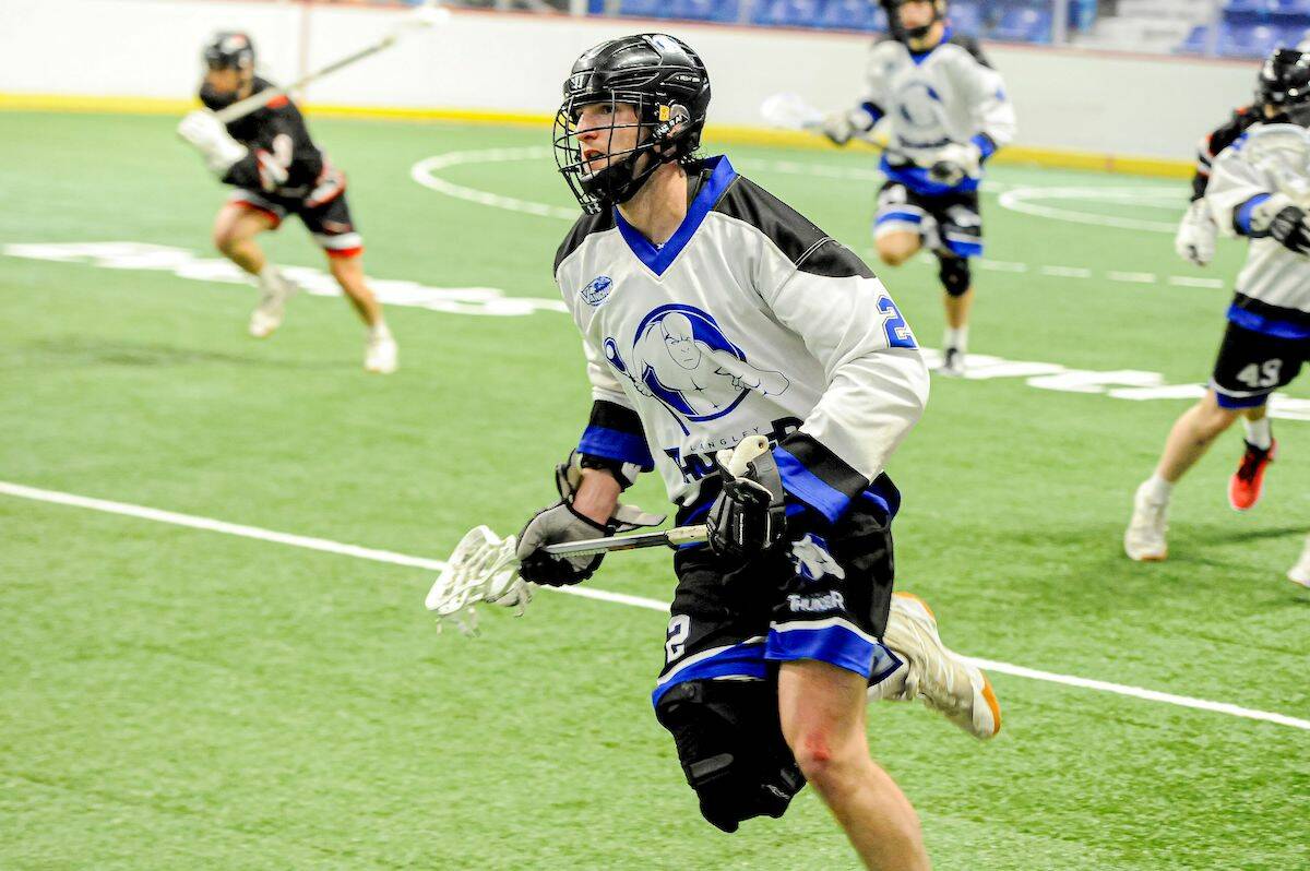 Declan Fitzpatrick scored four times in the first period as the Langley Thunder bounced back from an opening day loss to defeat the Nanaimo Timbermen 8-5 on Sunday, May 7. (Courtesy of Ryan Molag/Langley Events Centre)