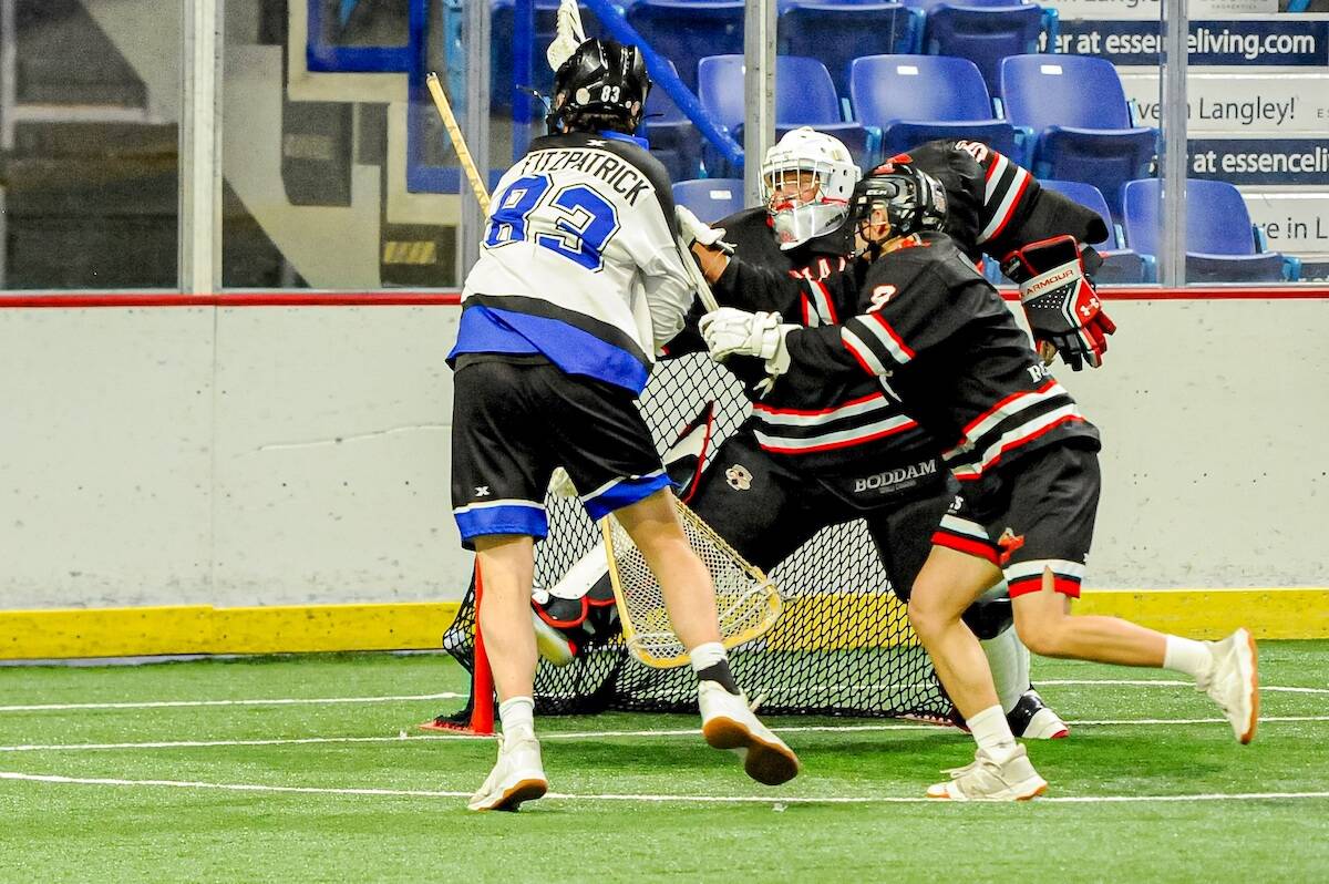 Declan Fitzpatrick scored four times in the first period as the Langley Thunder bounced back from an opening day loss to defeat the Nanaimo Timbermen 8-5 on Sunday, May 7. (Courtesy of Ryan Molag/Langley Events Centre)