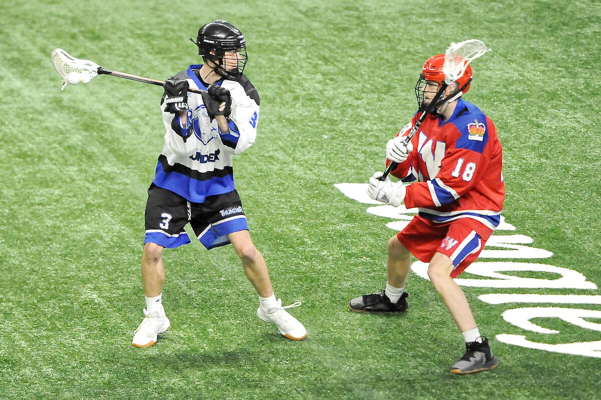 After a tough two first periods, 91原创 Thunder couldn聮t come back in time, and fell 13-8 to the New Westminster Salmonbellies in BC Junior Tier 1 Lacrosse League action on Tuesday night, May 9, at 91原创 Events Centre. (Courtesy of Gary Ahuja/91原创 Events Centre)