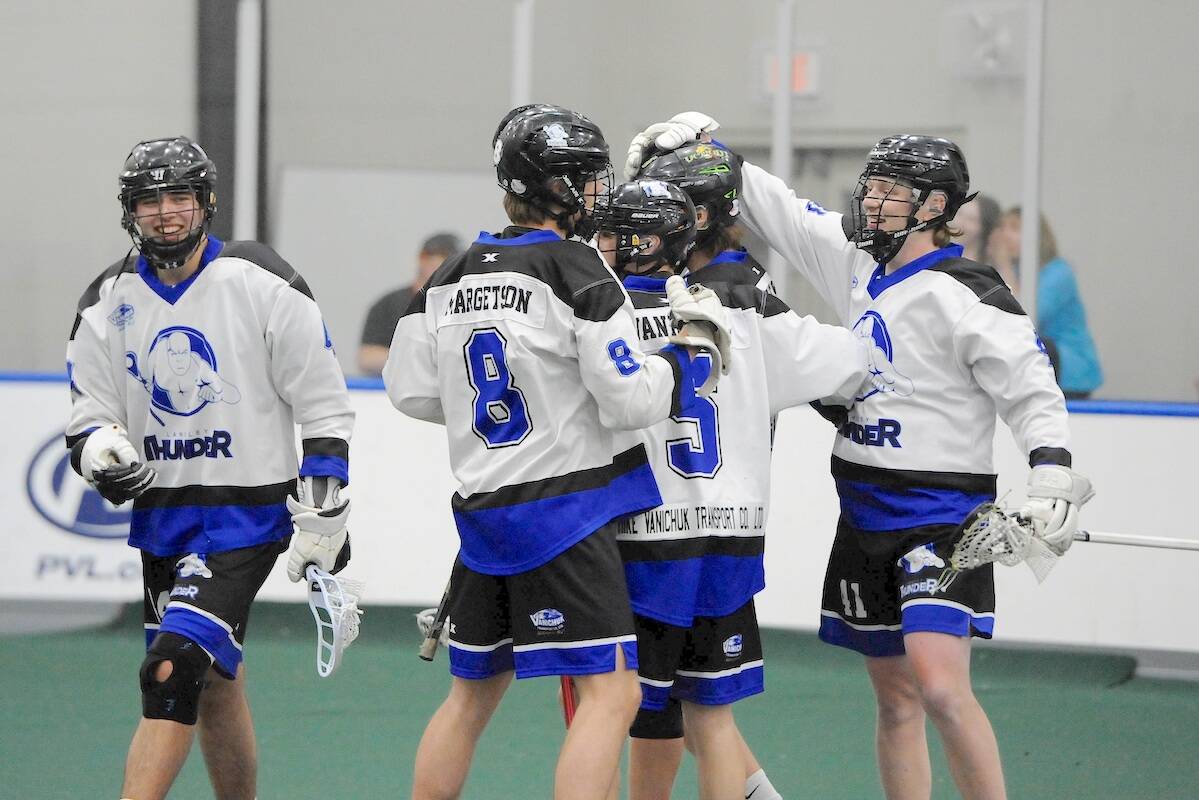 The visiting Port Coquitlam Saints were 10-9 winners over the Langley Thunder in BC Junior A Lacrosse League action at Langley Events Centre on May 11. (Courtesy Gary Ahuja, Langley Events Centre)