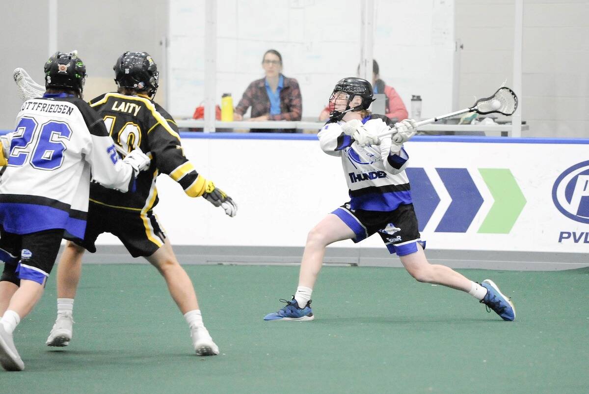 The visiting Port Coquitlam Saints were 10-9 winners over the Langley Thunder in BC Junior A Lacrosse League action at Langley Events Centre on May 11. (Courtesy Gary Ahuja, Langley Events Centre)