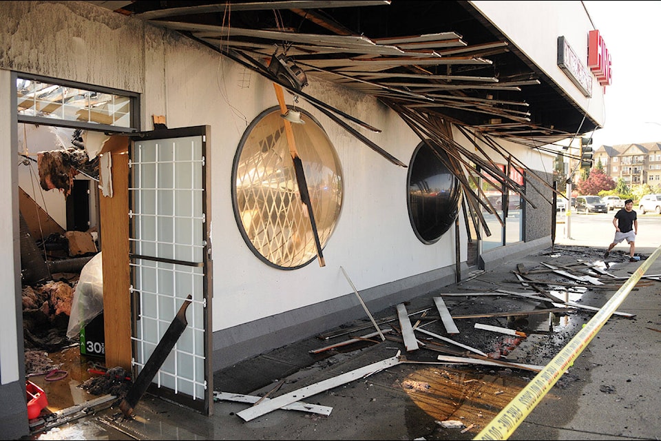 An early-morning fire destroyed two businesses and there was damage to at least one other at a commercial building on Young Road in Chilliwack on Tuesday, May 16, 2023. (Jenna Hauck/ Chilliwack Progress)
