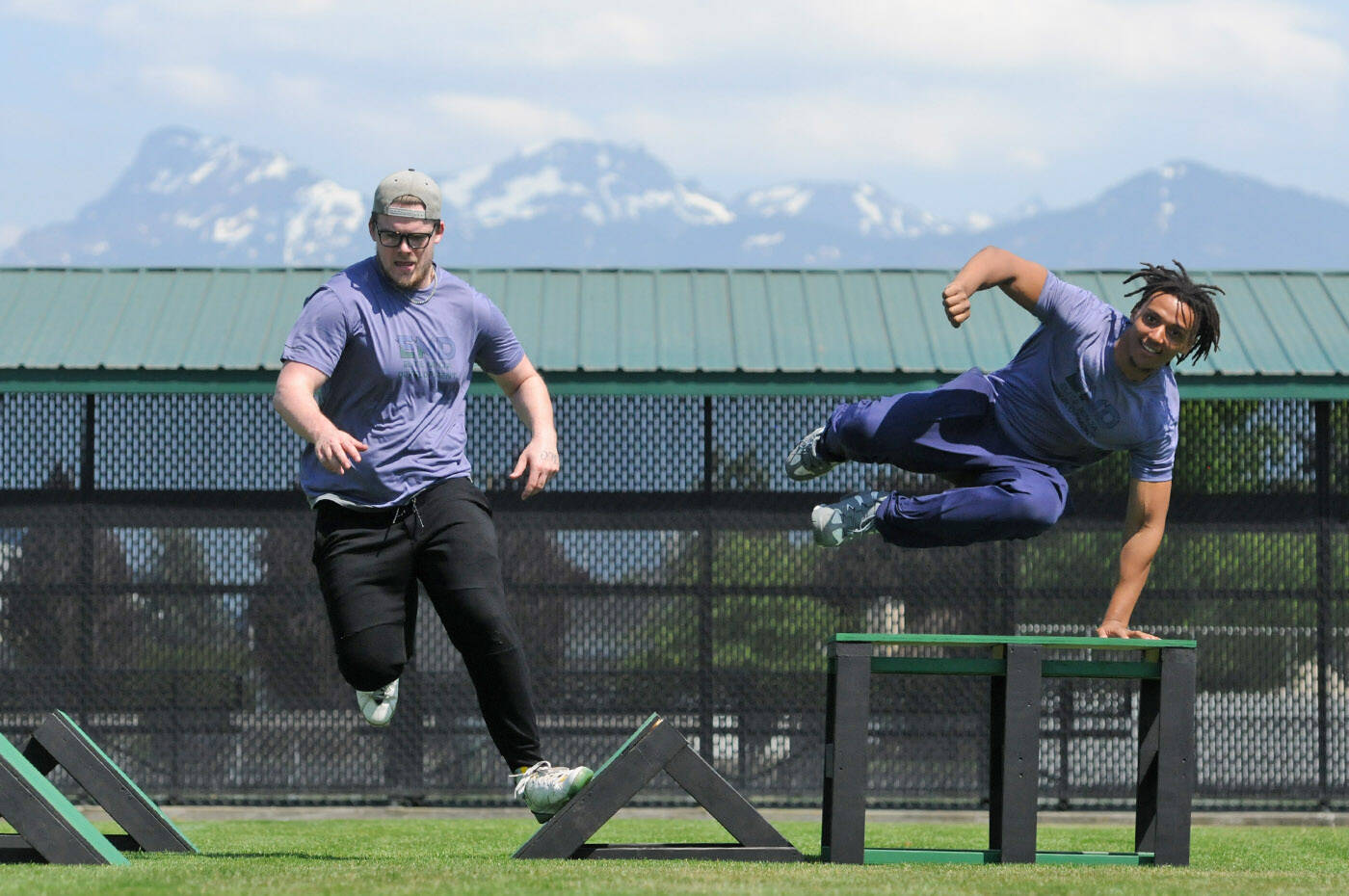 Brandon Duncan (left) and Bailey Tsamantanis of Elite Ninja Development are hosting Ninja in the Park in Chilliwack on Saturday, May 27, 2023. (Jenna Hauck/ Chilliwack Progress)