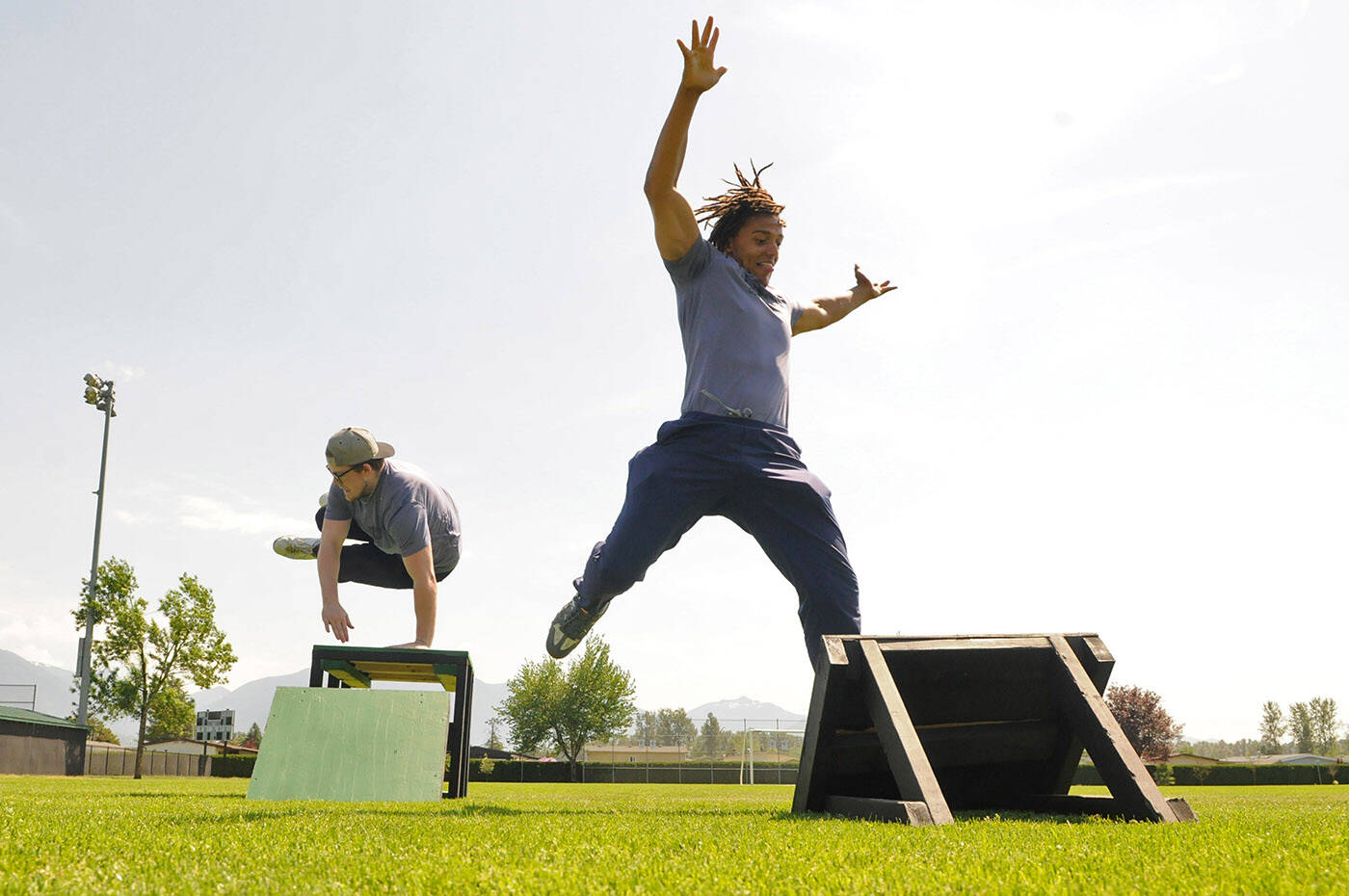 Brandon Duncan (left) and Bailey Tsamantanis of Elite Ninja Development are hosting Ninja in the Park in Chilliwack on Saturday, May 27, 2023. (Jenna Hauck/ Chilliwack Progress)