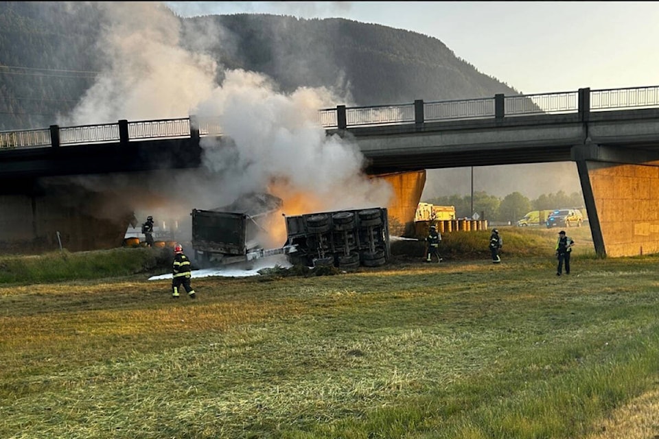 A truck collided with the No. 3 Road overpass on Highway 1 in Abbotsford on Monday morning (May 29) and shut down traffic westbound on Highway 1 and on the No. 3 Road overpass. /Abbotsford Police Photo