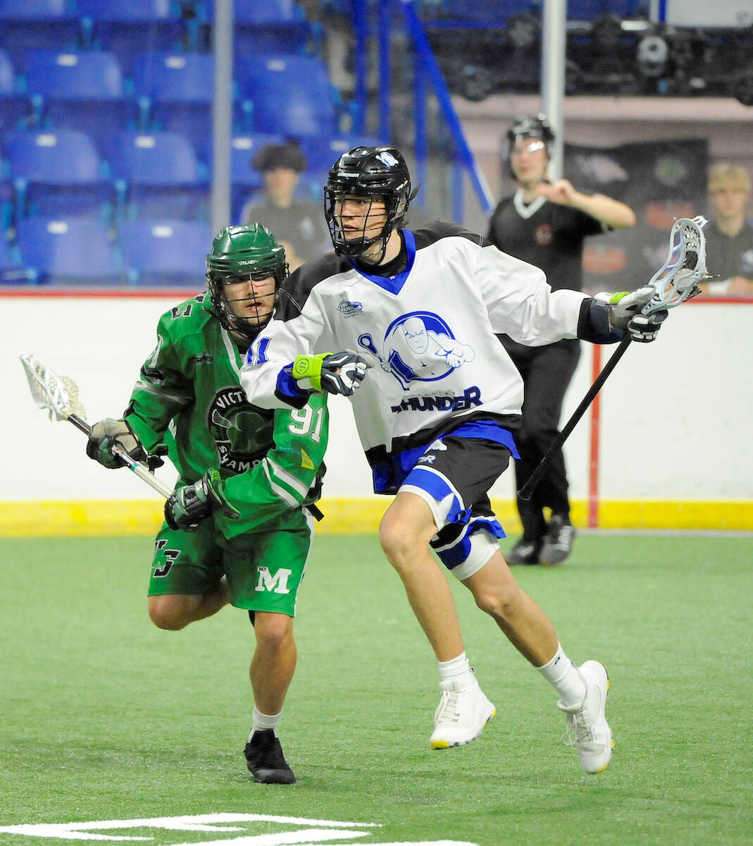 Tier 1 Thunder had a solid opening 20 minutes but things fell apart in the middle stanza as they surrendered nine goals, losing 17-8 to Victoria at LEC on Sunday, May 28. (Langley Events Centre/Special to Langley Advance Times)