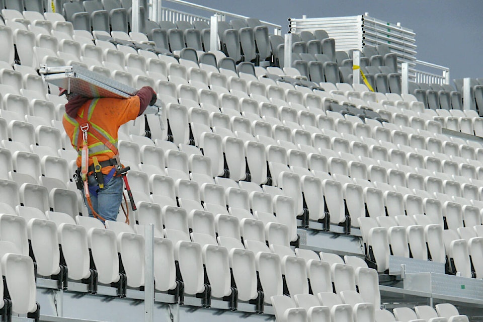 Workers were assembling the new Vancouver FC stadium in Langley on Wednesday, April 5. The pro soccer team’s first home game at the 6,560 capacity venue is scheduled for May. (Dan Ferguson/Langley Advance Times)