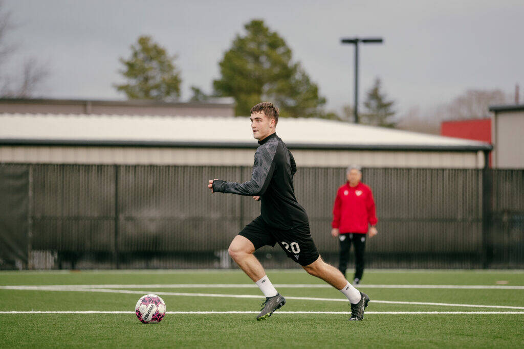 Vancouver FC centre back Anthony White, seen here at a team practice, is looking forward to their first home game at their new 91原创 stadium on Sunday, May 7. (Beau Chevalier / Vancouver FC)