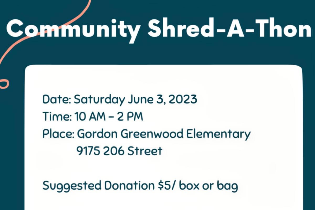 Poster for community Shred-A-Thon at Gordon Greenwood Elementary on Saturday, June 3. (Special to Langley Advance Times)