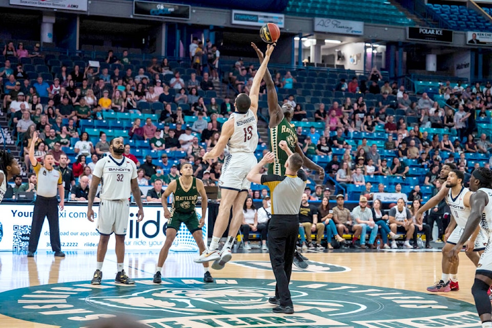 Giorgi Bezhanishvili in tip-off against the Saskatchewan Rattlers, during their home opener against the Vancouver Bandits in Saskatoon on May 31,2023. (Derek Elvin, Photo Electric Umbrella/Special to Langley Advance Times)