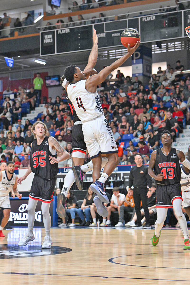 Derek Brown Jr. in action as the Vancouver Bandits achieved a 84-81 victory over the Calgary Surge in their Canadian Elite Basketball League home opener before a sellout crowd at Langley Events Centre on Saturday, June 3. (Vancouver Bandits/Special to Langley Advance Times)