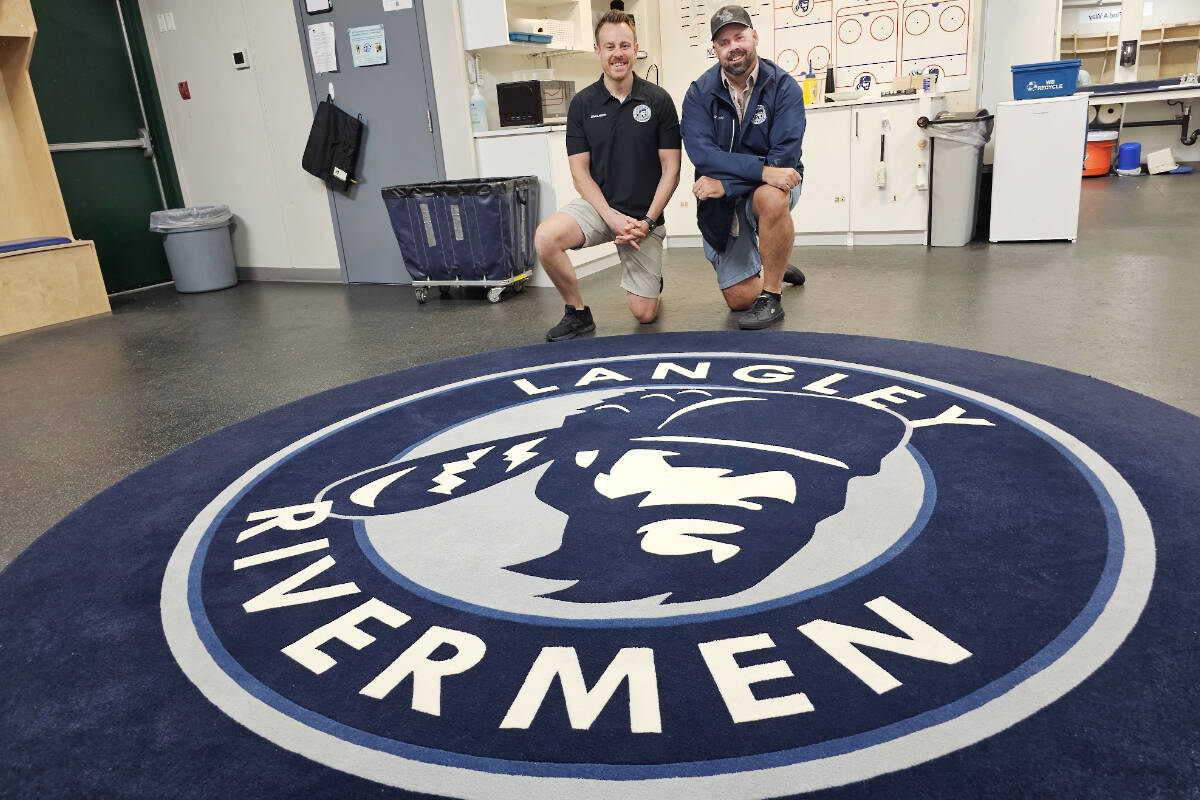 When Jamie Schreder (L) and Dana Matheson, seen here in the Langley Rivermen dressing room, discovered they were both looking at buying the team, they decided to become partners. (Dan Ferguson/Langley Advance Times)