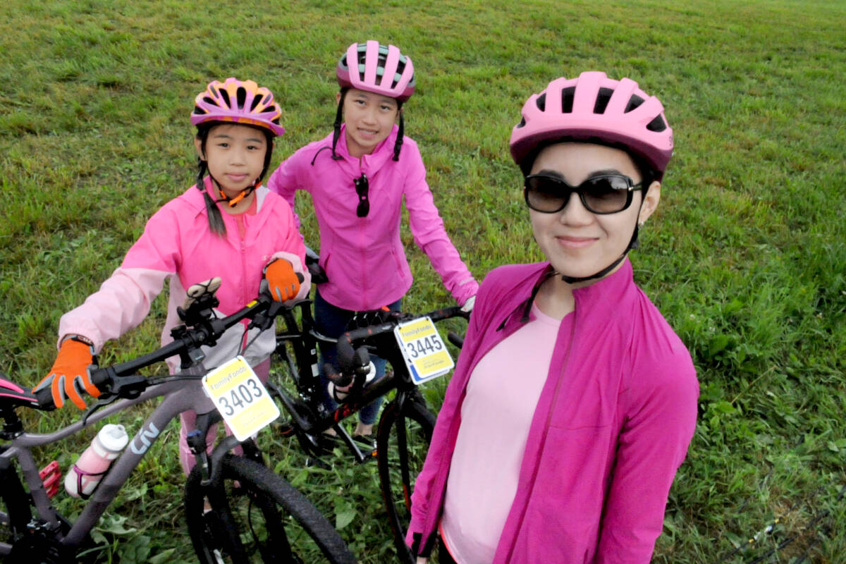 Miya Chen, nine, and Molly Chen, 11, rode with their mom, Stacy Tseng this year. Molly ended up first in the prestofondo on Sunday, June 11, 2023. (Heather Colpitts/Black Press Media)