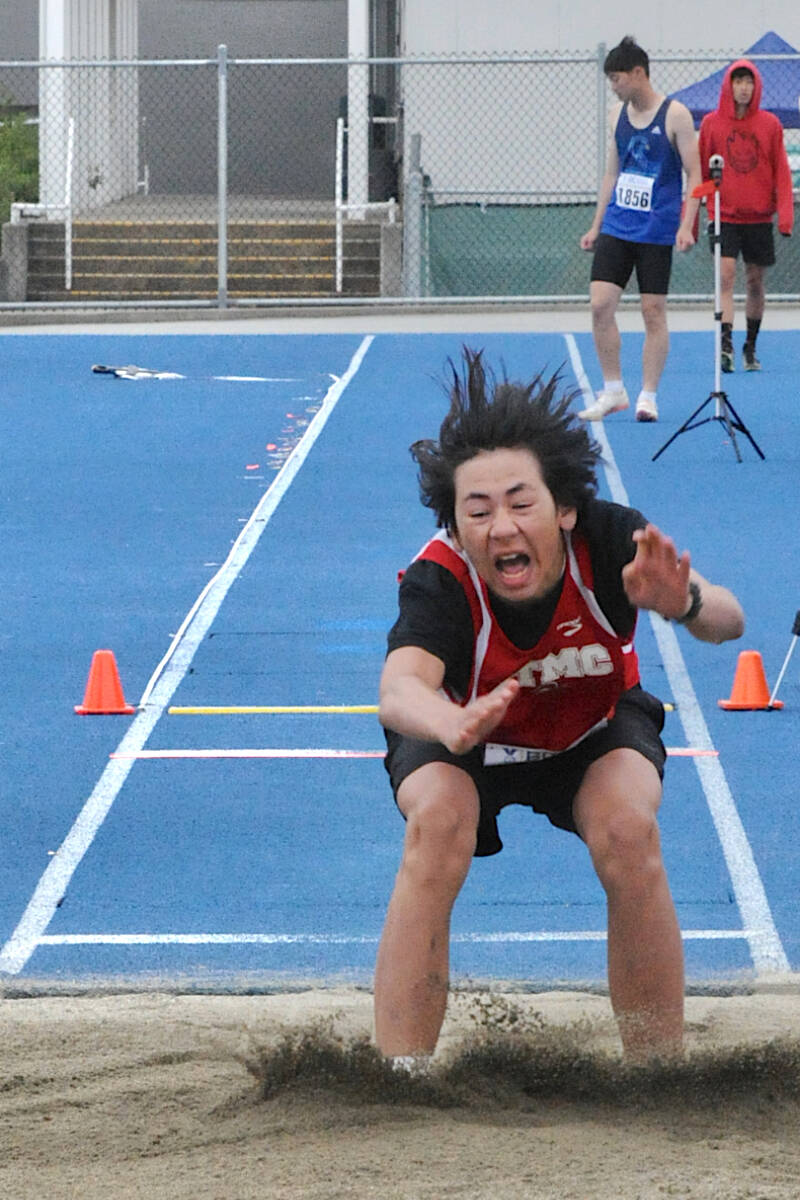 Makalo Maver from St. Thomas More Collegiate stuck the landing in the men聮s triple jump on Friday, June 9 at the B.C. School Sports Track and Field Provincial Championships held at 91原创 McLeod Athletic Park June 8-10. (Heather Colpitts/91原创 Advance Times)