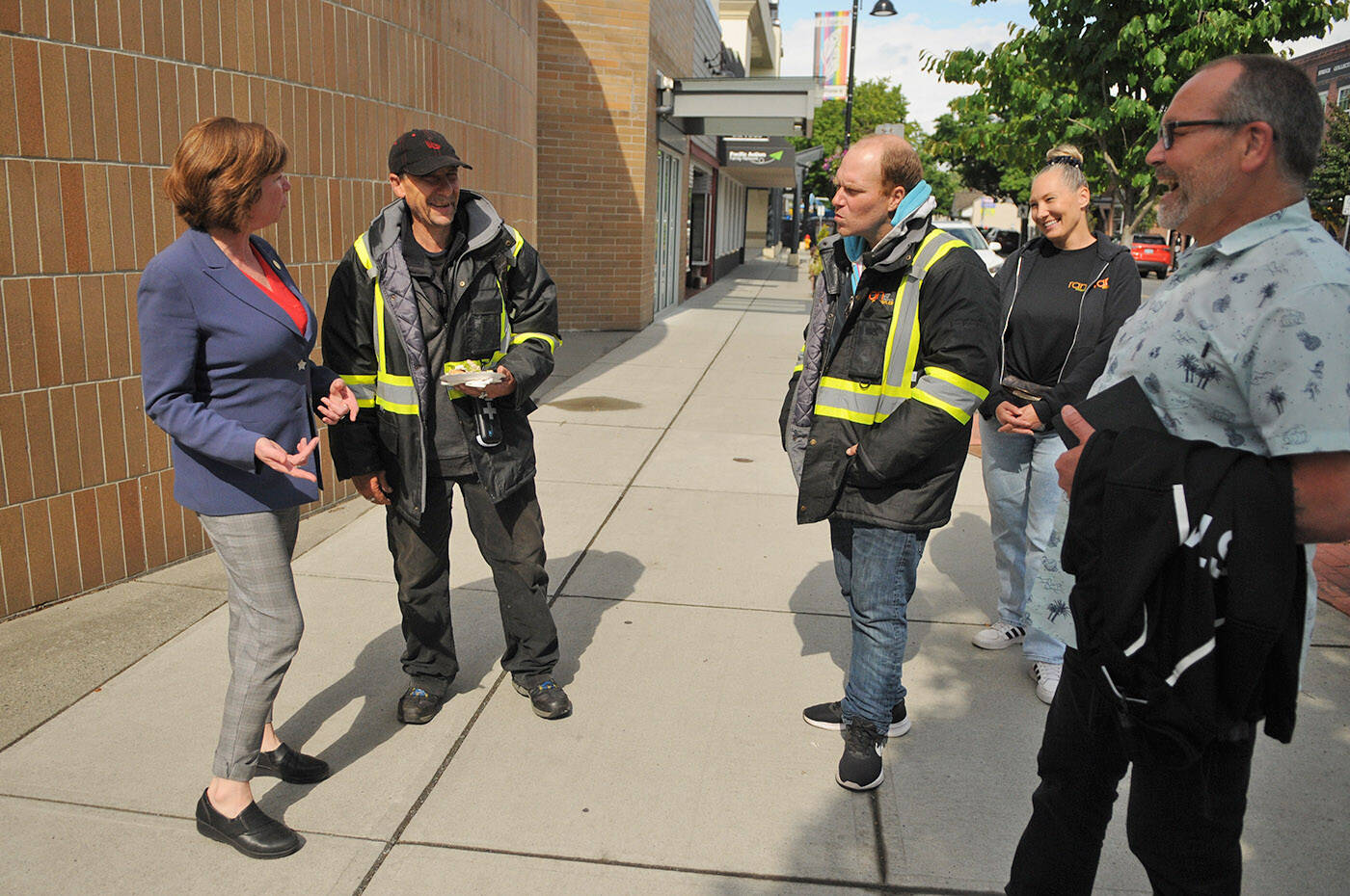 Minister of social development and poverty reduction, Sheila Malcolmson (left), chats with members of Ruth and Naomi聮s Downtown Chilliwack Street Team following a funding announcement in Chilliwack on Tuesday, June 13, 2023. (Jenna Hauck/ Chilliwack Progress)