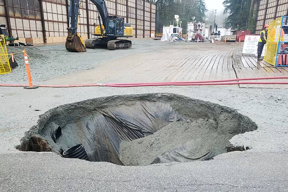 One of the sinkholes that opened on 240th Street near Rob Rindt’s property between April and May. (Rob Rindt/Special to the Langley Advance Times)