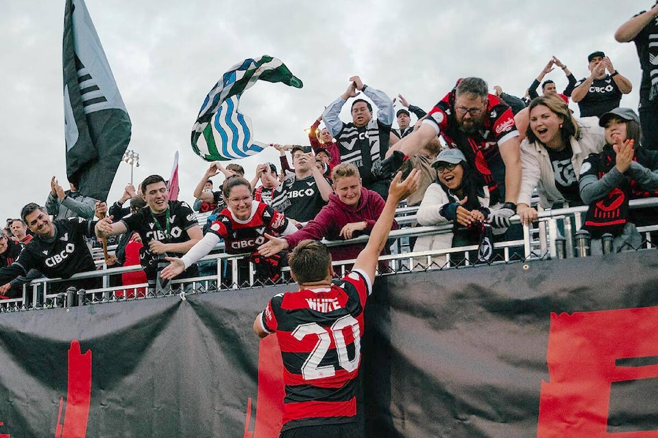 Vancouver FC players and fans celebrated their first-ever home victory in club history on Tuesday night, June 20, downing three-time CPL champions Forge FC at 91ԭ’s Willoughby Community Park. (Canadian Premier League/Special to 91ԭ Advance Times)