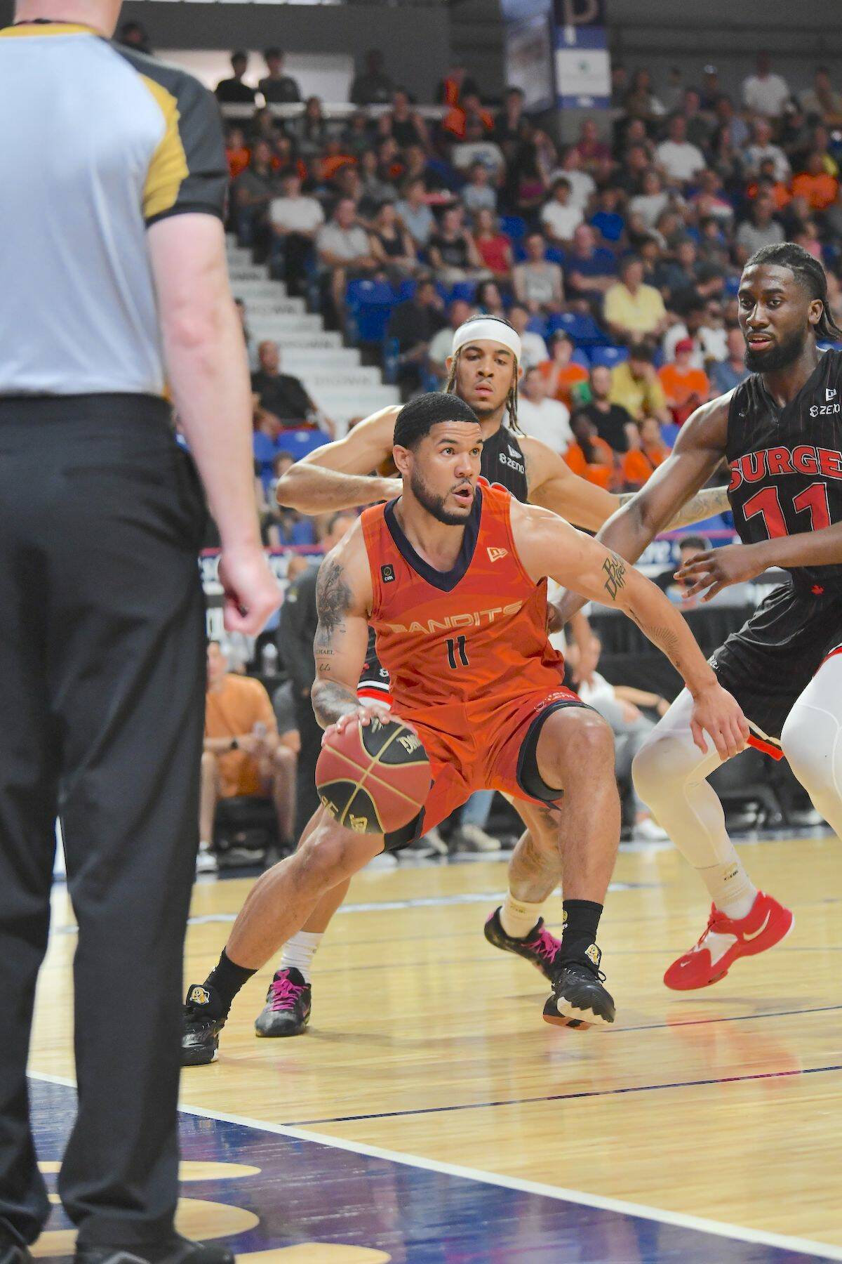 Bandits聮 Malcolm Duvivier in action on Sunday, June 25 at 91原创 Events Centre. Vancouver fell 93-88 to the visiting Surge in Canadian Elite Basketball League action. (Ansh Sanyal, CEBL/Special to 91原创 Advance Times)