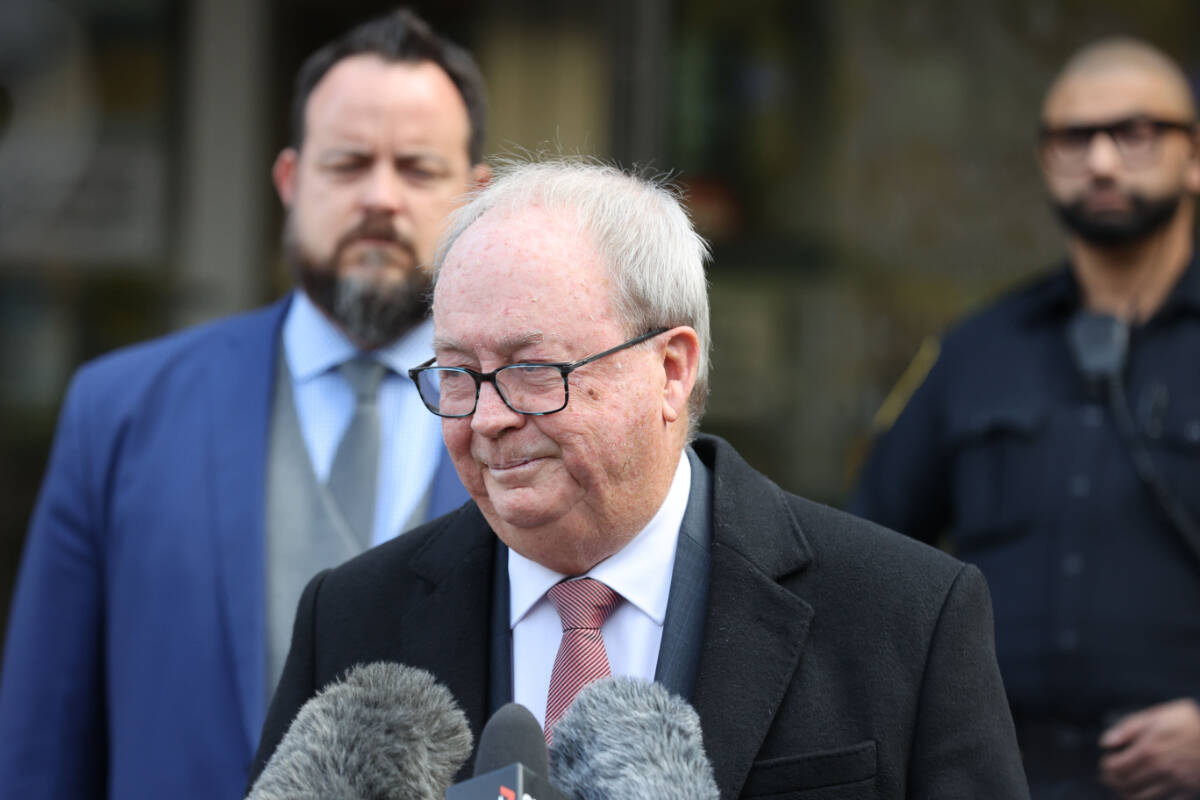 Former Surrey mayor Doug McCallum talks to media after being found not guilty of public mischief Monday, Nov. 21, 2022. (Photo: Anna Burns)