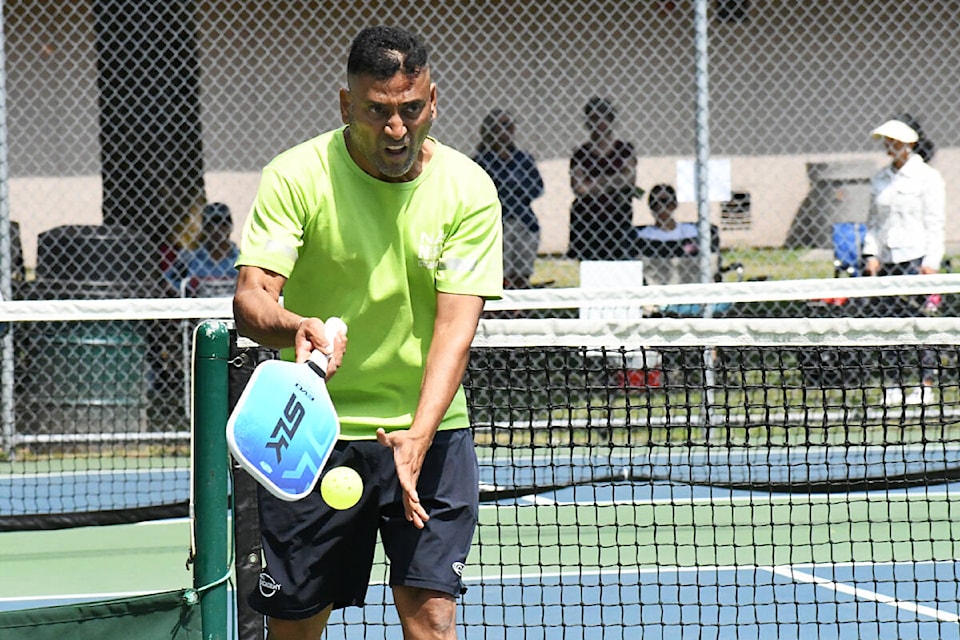 Rajah Jaganathan served in the Douglas Park Charity Pickleball Tournament on July 7. (Matthew Claxton/Langley Advance Times)