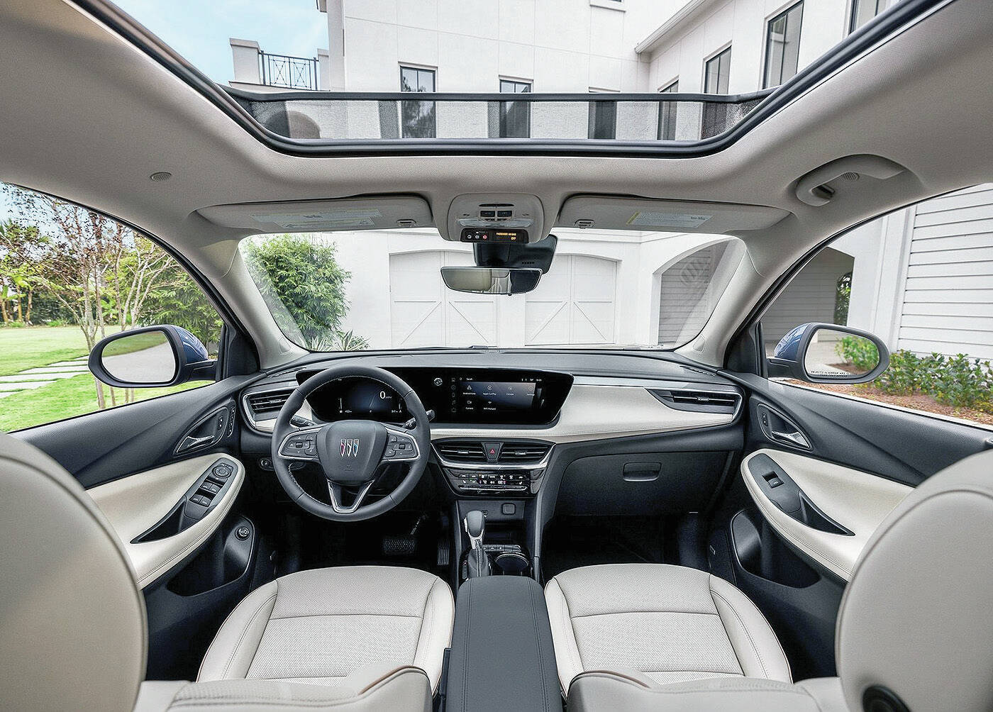 The Encore GX’s interior certainly looks upscale — especially the wide curved dash panel — although the materials used are quite basic. PHOTO: BUICK