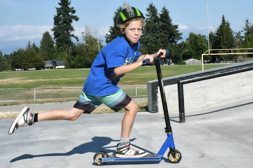 Levi Vantol, 8, was blasting through the newly redone Aldergrove Skateboard Park on Tuesday, July 11. (Dan Ferguson/91ԭ Advance Times)